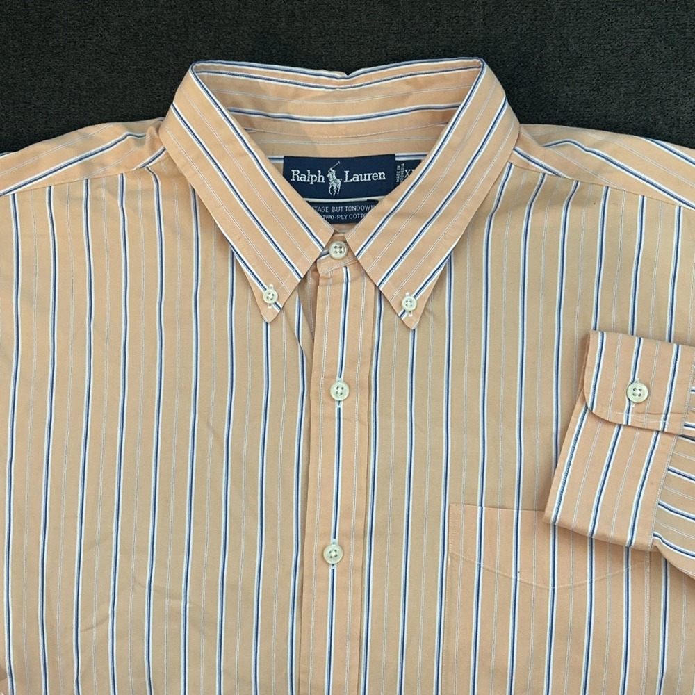 Ralph Lauren Vintage Buttondown Men XL Orange Striped Long Sleeve Two-Ply Cotton